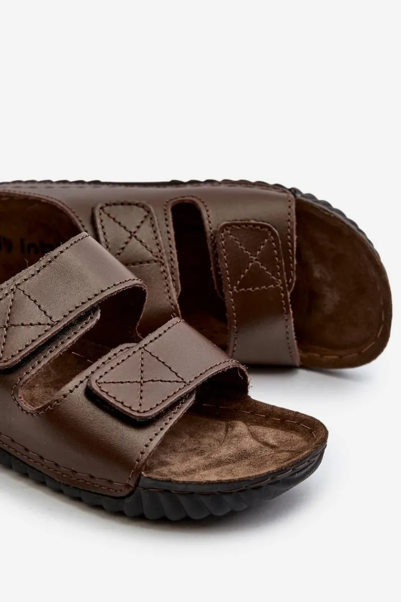 Klapki Męskie Klasyczne>INBLU Wygodne Klapki Męskie Z Paskami Na Rzepy FM00001U Ciemnobrązowe Brązowy
