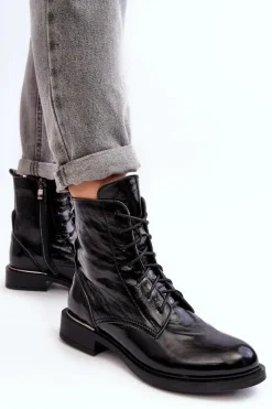 Botki Sznurowane|Czarne Botki>Boto Wygodne Lakierowane Ocieplane Botki Czarne Lemar Revin