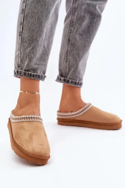 Best Wygodne Obuwie Domowe Kapcie Z Haftem Damskie FX000021 Camel Damskie Kapcie Klasyczne|Klapki Damskie Klasyczne