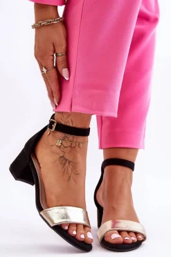 Sandały Na Obcasie></noscript>Evento Wygodne Sandały Na Niskim Obcasie Czarno-Złote Layna