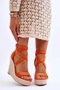 Outlet Wygodne Sandały Na Wysokim Koturnie Pomarańczowe Lemira Damskie Sandały Na Koturnie