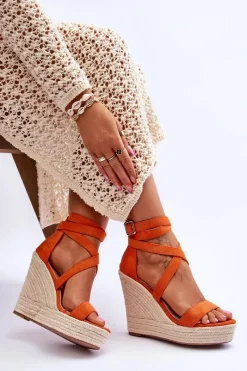 Outlet Wygodne Sandały Na Wysokim Koturnie Pomarańczowe Lemira Damskie Sandały Na Koturnie
