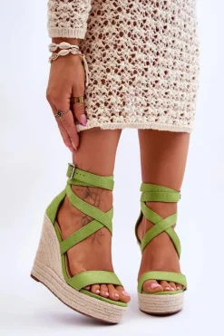 Sale Wygodne Sandały Na Wysokim Koturnie Zielone Lemira Damskie Sandały Na Koturnie