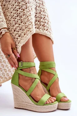 Sale Wygodne Sandały Na Wysokim Koturnie Zielone Lemira Damskie Sandały Na Koturnie