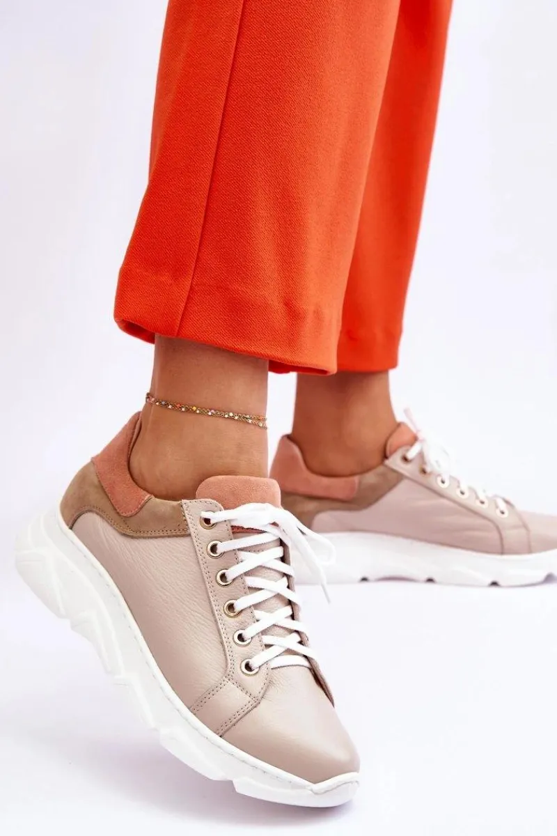 Buty Sportowe Na Platformie|Sneakersy Damskie>Boto Wygodne Skórzane Buty Sportowe Na Platformie Beżowe Alisane