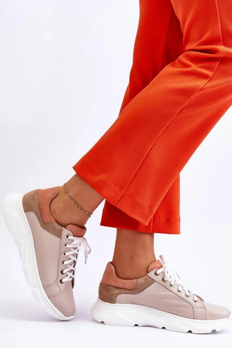 Buty Sportowe Na Platformie|Sneakersy Damskie>Boto Wygodne Skórzane Buty Sportowe Na Platformie Beżowe Alisane