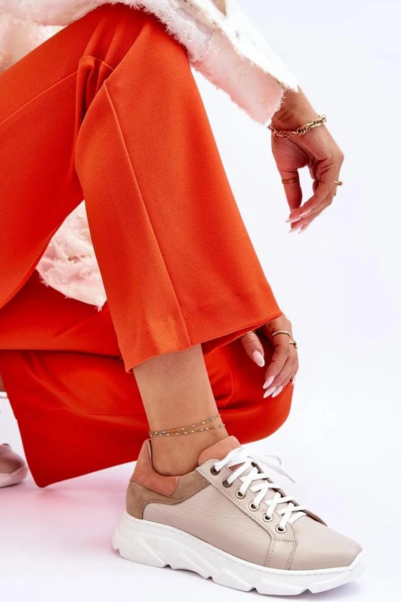 Buty Sportowe Na Platformie|Sneakersy Damskie>Boto Wygodne Skórzane Buty Sportowe Na Platformie Beżowe Alisane