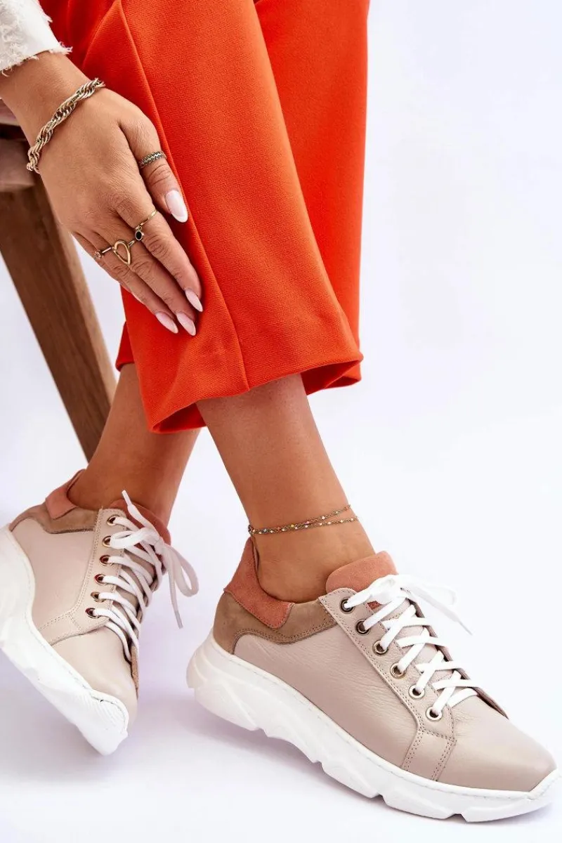 Buty Sportowe Na Platformie|Sneakersy Damskie>Boto Wygodne Skórzane Buty Sportowe Na Platformie Beżowe Alisane