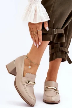 Best Wygodne Skórzane Czółenka Beżowe Lemar Damira Damskie Czółenka Na Słupku|Czółenka Klasyczne