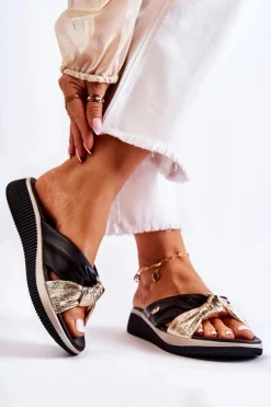 Clearance Evento Wygodne Skórzane Damskie Klapki Czarno-Złote Neyla