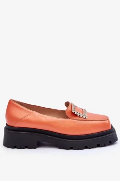 Loafersy Damskie|Mokasyny Płaskie>Boto Wygodne Skórzane Mokasyny Pomarańczowe Agathe Pomarańczowy