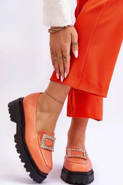 Loafersy Damskie|Mokasyny Płaskie>Boto Wygodne Skórzane Mokasyny Pomarańczowe Agathe Pomarańczowy