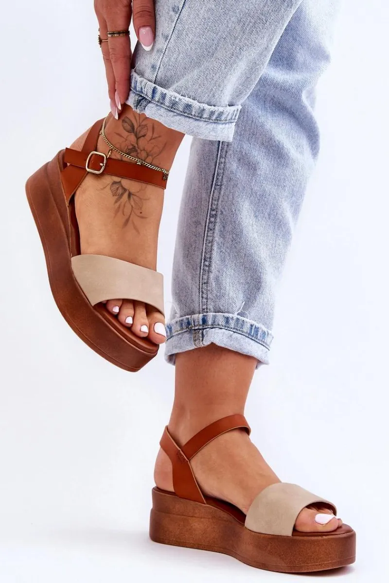 New Wygodne Skórzane Sandały Na Koturnie Beżowo-Brązowe Tifena Damskie Sandały Na Koturnie