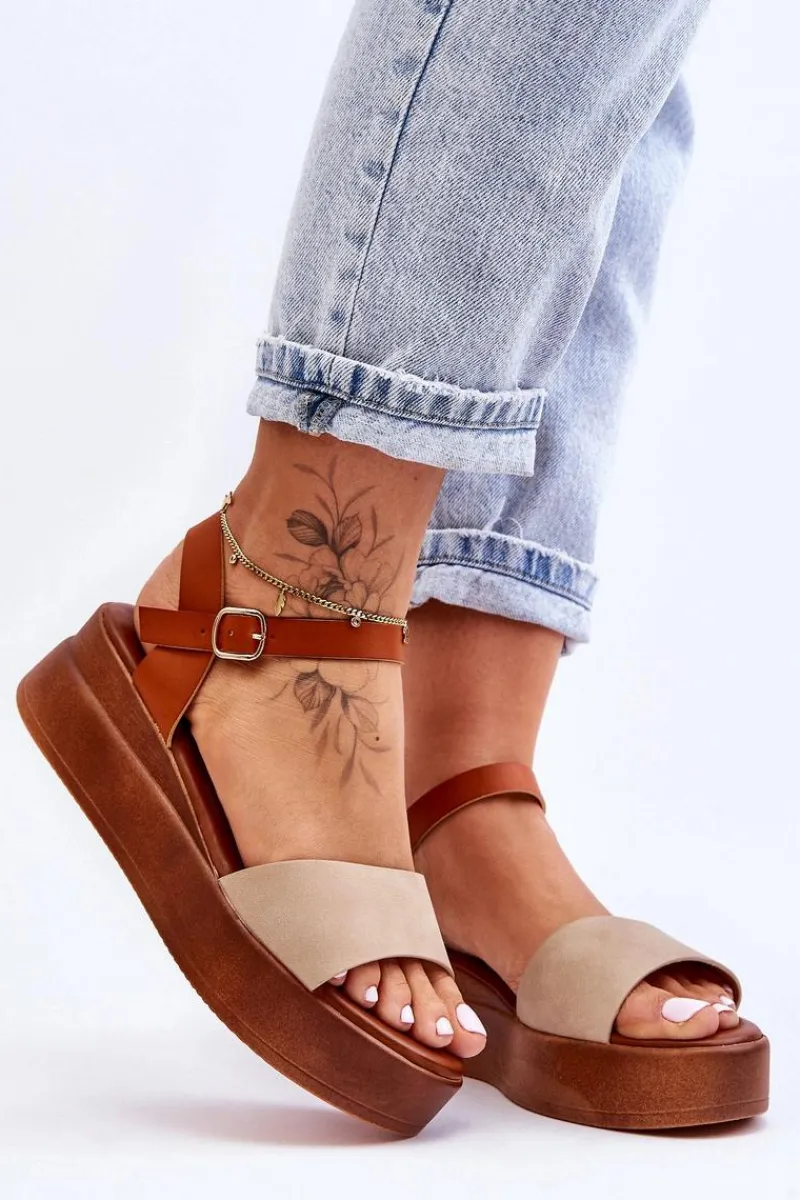 New Wygodne Skórzane Sandały Na Koturnie Beżowo-Brązowe Tifena Damskie Sandały Na Koturnie