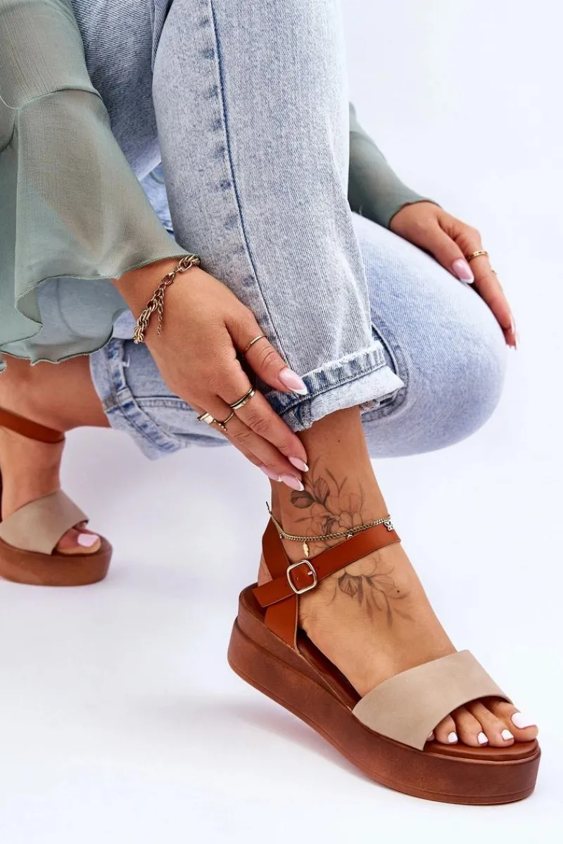 New Wygodne Skórzane Sandały Na Koturnie Beżowo-Brązowe Tifena Damskie Sandały Na Koturnie