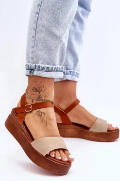 New Wygodne Skórzane Sandały Na Koturnie Beżowo-Brązowe Tifena Damskie Sandały Na Koturnie