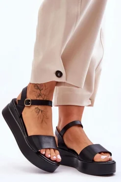 Sandały Na Koturnie>Boto Wygodne Skórzane Sandały Na Koturnie Czarne Tifena