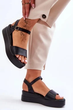 Sandały Na Koturnie>Boto Wygodne Skórzane Sandały Na Koturnie Czarne Tifena