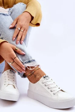 Trampki Damskie Niskie></noscript>Lee Cooper Wygodne Trampki Na Platformie LCW-23-31-1806L Białe