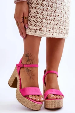 Sandały Na Obcasie>Boto Wygodne Zamszowe Sandały Na Masywnym Słupku Fuksja Elishia