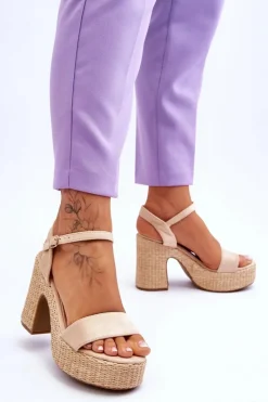 Best Wygodne Zamszowe Sandały Na Masywnym Słupku Beżowe Elishia Damskie Sandały Na Obcasie