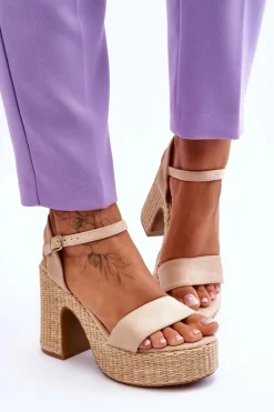 Best Wygodne Zamszowe Sandały Na Masywnym Słupku Beżowe Elishia Damskie Sandały Na Obcasie