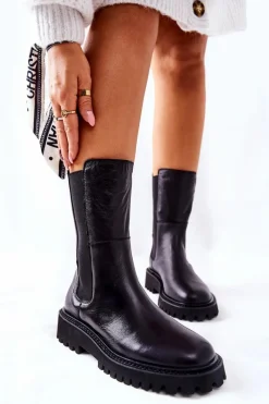 Hot Wysokie Botki Sztyblety Big Star II274416 Czarne Damskie Czarne Botki|Botki Zimowe Damskie