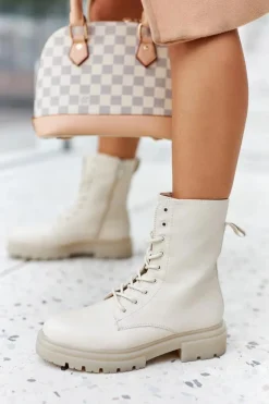 Wysokie Botki Workery Beżowe Rozelle Damskie Botki Sznurowane|Botki Zimowe Damskie