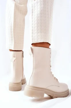 Wysokie Botki Workery Beżowe Rozelle Damskie Botki Sznurowane|Botki Zimowe Damskie