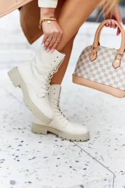 Wysokie Botki Workery Beżowe Rozelle Damskie Botki Sznurowane|Botki Zimowe Damskie