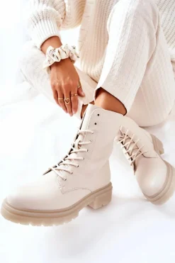 Wysokie Botki Workery Beżowe Rozelle Damskie Botki Sznurowane|Botki Zimowe Damskie