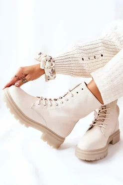 Wysokie Botki Workery Beżowe Rozelle Damskie Botki Sznurowane|Botki Zimowe Damskie