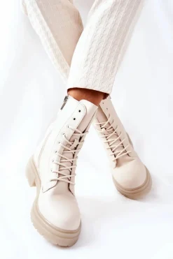 Wysokie Botki Workery Beżowe Rozelle Damskie Botki Sznurowane|Botki Zimowe Damskie