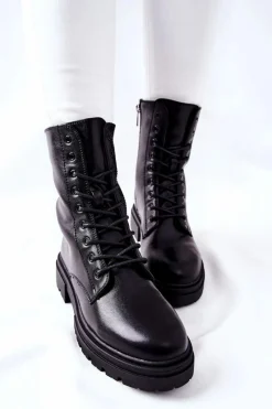 Clearance Wysokie Botki Workery Czarne Rozelle Damskie Botki Sznurowane|Czarne Botki