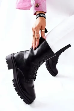 Clearance Wysokie Botki Workery Czarne Rozelle Damskie Botki Sznurowane|Czarne Botki