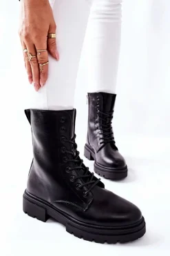 Clearance Wysokie Botki Workery Czarne Rozelle Damskie Botki Sznurowane|Czarne Botki