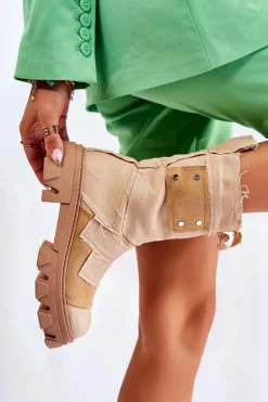 Outlet Boto Wysokie Botki Workery Na Suwak Ciemnobeżowe Nerisa