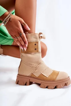 Outlet Boto Wysokie Botki Workery Na Suwak Ciemnobeżowe Nerisa