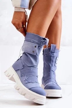 Botki Wiosenne|Botki Płaskie>Boto Wysokie Botki Workery Na Suwak Niebieskie Nerisa