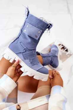 Botki Wiosenne|Botki Płaskie>Boto Wysokie Botki Workery Na Suwak Niebieskie Nerisa