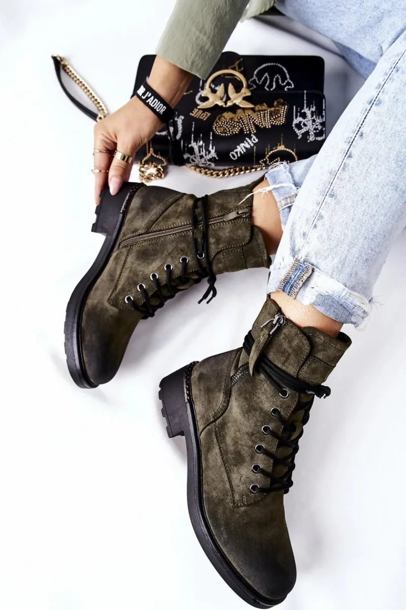 Best Wysokie Botki Workery Z Suwakami Zielone Maisa Damskie Botki Ocieplane|Botki Sznurowane