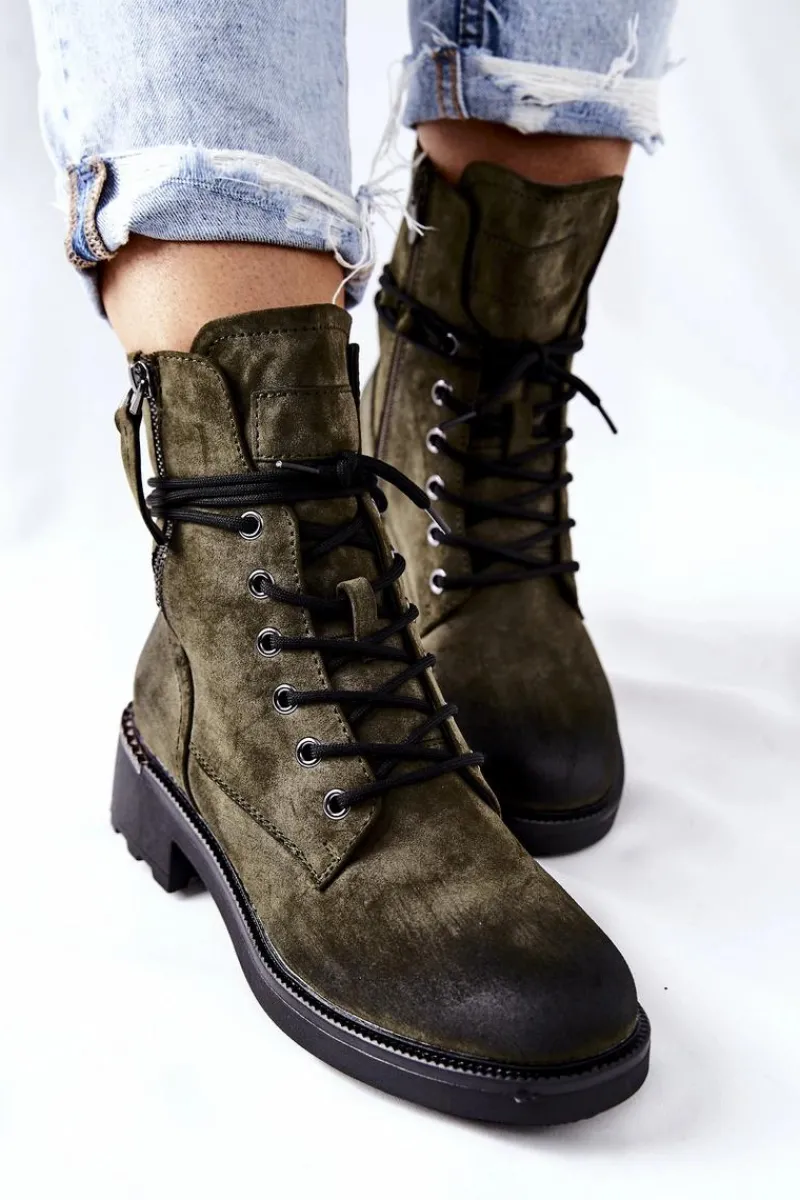 Best Wysokie Botki Workery Z Suwakami Zielone Maisa Damskie Botki Ocieplane|Botki Sznurowane