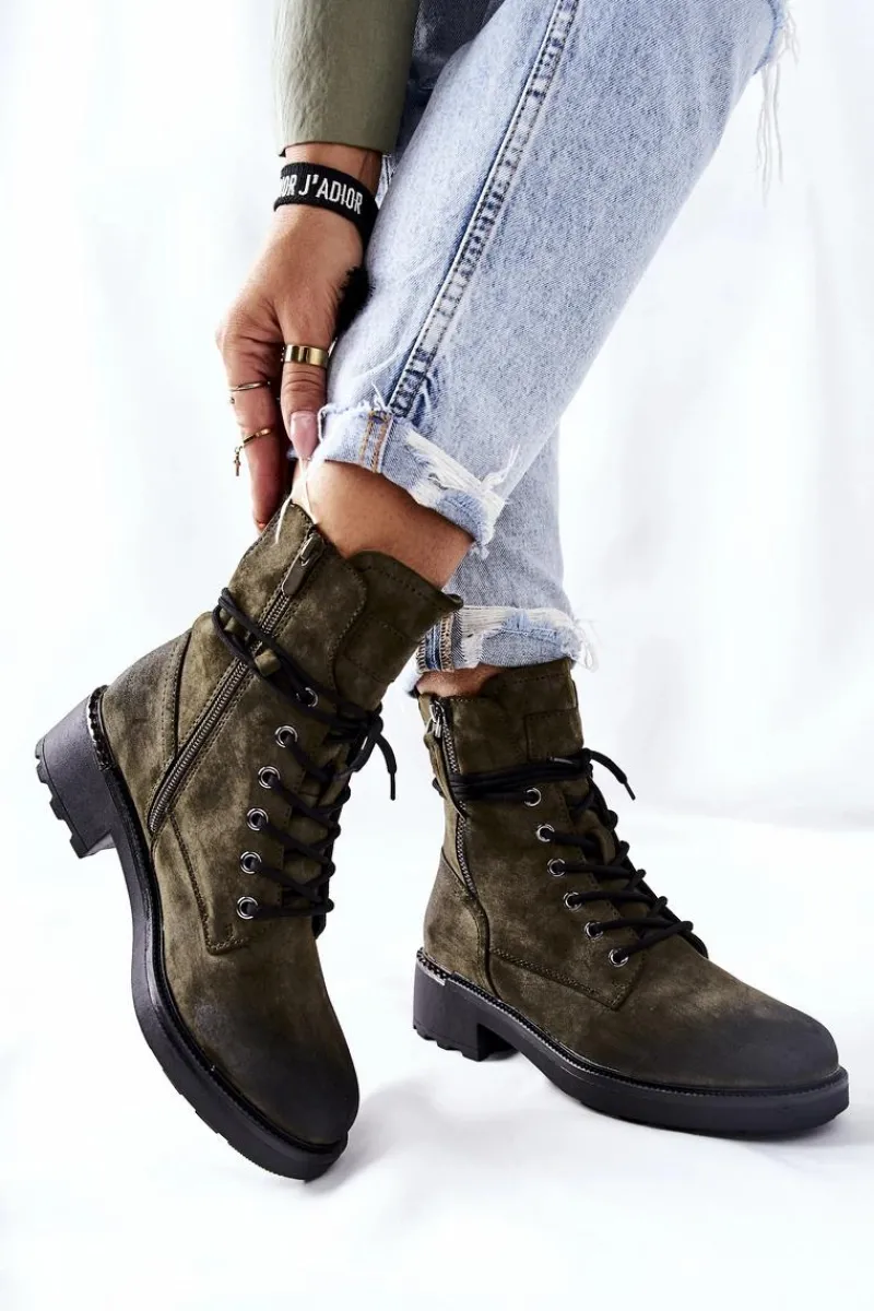 Best Wysokie Botki Workery Z Suwakami Zielone Maisa Damskie Botki Ocieplane|Botki Sznurowane