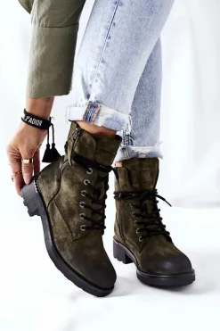Best Wysokie Botki Workery Z Suwakami Zielone Maisa Damskie Botki Ocieplane|Botki Sznurowane