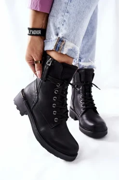 Hot Wysokie Botki Workery Z Suwakami Czarne Maisa Damskie Botki Ocieplane|Botki Sznurowane
