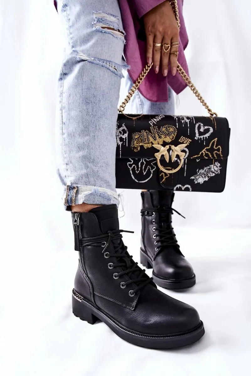 Hot Wysokie Botki Workery Z Suwakami Czarne Maisa Damskie Botki Ocieplane|Botki Sznurowane