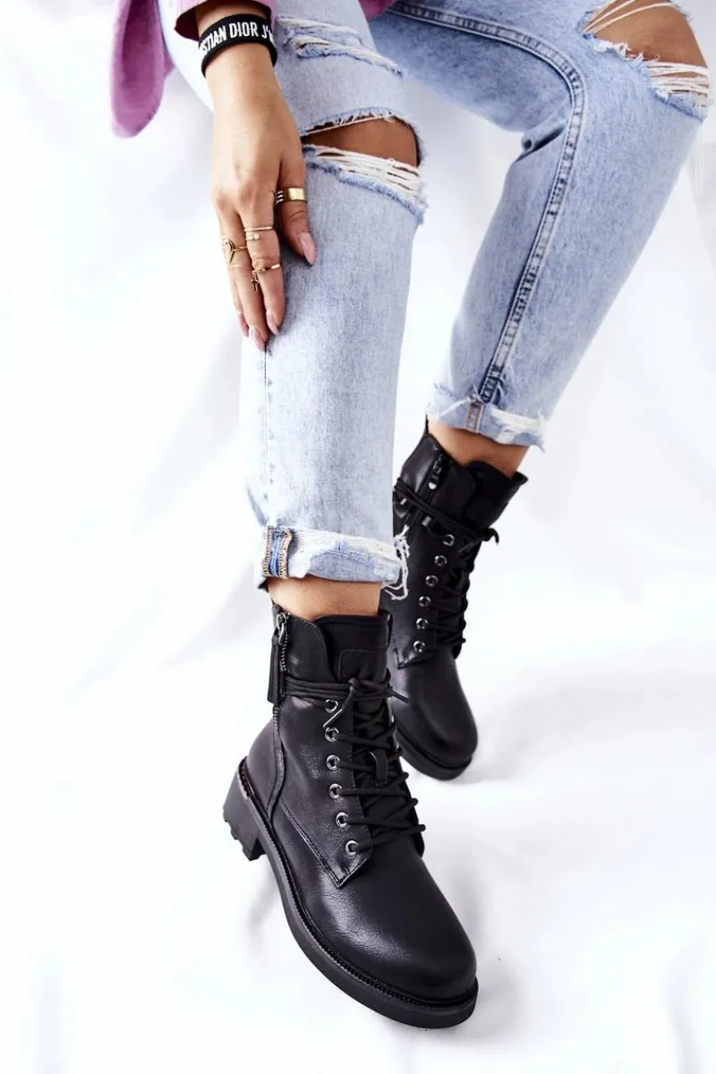 Hot Wysokie Botki Workery Z Suwakami Czarne Maisa Damskie Botki Ocieplane|Botki Sznurowane