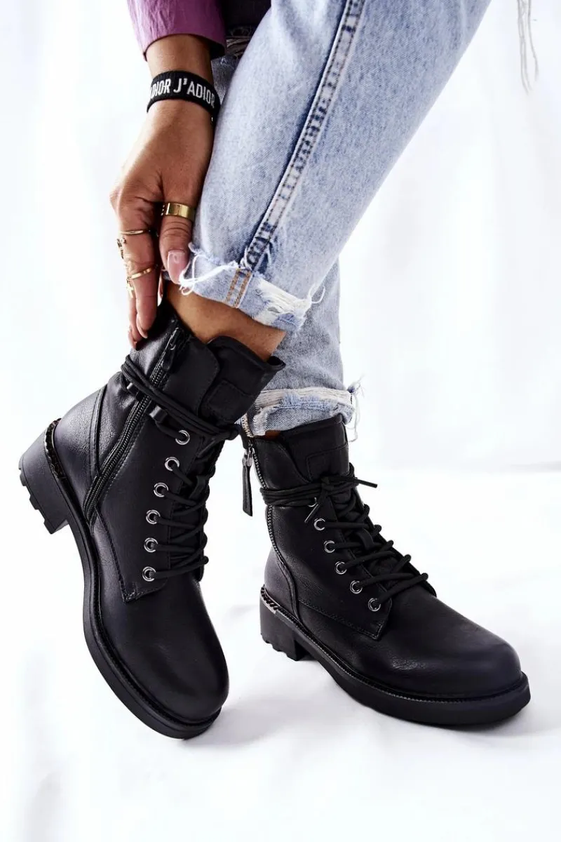 Hot Wysokie Botki Workery Z Suwakami Czarne Maisa Damskie Botki Ocieplane|Botki Sznurowane