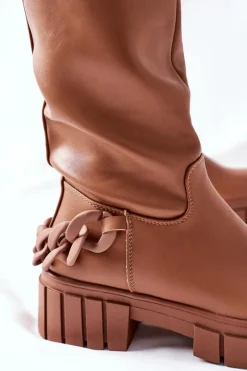Wysokie Brązowe Kozaki z Łańcuchem Teardown Damskie Kozaki Ocieplane|Kozaki Płaskie