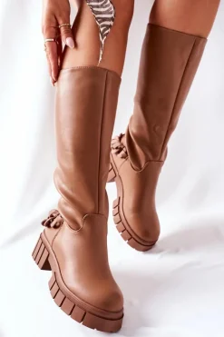 Wysokie Brązowe Kozaki z Łańcuchem Teardown Damskie Kozaki Ocieplane|Kozaki Płaskie